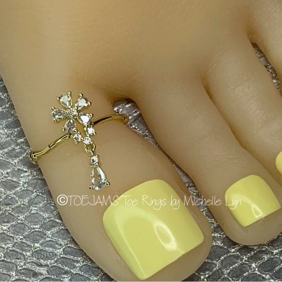 TOEJAMS Toe Rings Jewelry - TOE RING FLOWER Dangle Gold/Clear Crystal Elastic Stretch Big Toe Ring